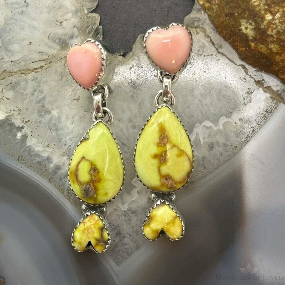 Sterling Southwestern Style Teardrop Palomino & Heart Pink Conch Dangle Earrings